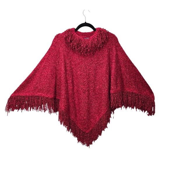 Wind River Knit Poncho Sweater Womens One Size Red Fringe Boho Lagenlook Artsy - Picture 1 of 12